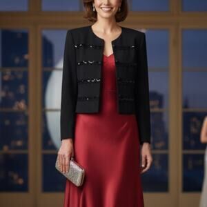 Vintage 80s Black Sequin Blazer Round Neck Jacket Button Front 12 Glam Formal